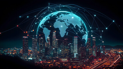 Fototapeta premium Connected global city skyline at night