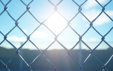 A close-up view of a chain-link fence with sun rays softly blurred in the background, creating a peaceful blue sky effect.