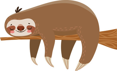 Adorable cartoon sloth sleeping soundly on a tree branch, enjoying peaceful slumber and radiating tranquility in its natural habitat