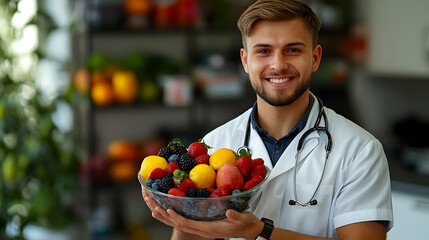 Fototapeta premium Doctor Holding Bowl of Fruit - Realistic Image