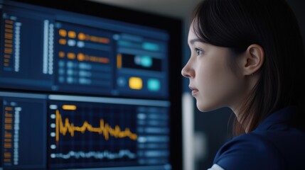 A focused individual analyzes data on multiple screens, highlighting a modern, tech-savvy environment.