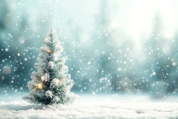 Snowy Christmas tree adorned with colorful ornaments twinkling lights, set against serene winter landscape.