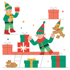 Fototapeta premium Christmas elves characters. Santa elf, xmas helpers with gifts sweets decorations. Winter holiday creatures in costumes and hats, nowaday vector set