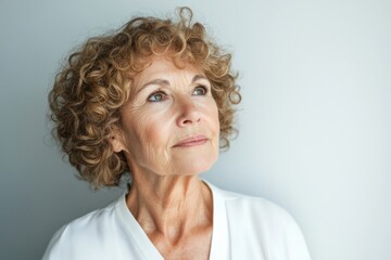 A thoughtful older woman gazing upwards. Her curly hair frames her face softly. This portrait captures serenity and wisdom in a modern style. Generative AI