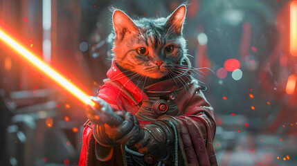 Amusing cat in space warrior attire and with a glowing sword, neon-themed artwork, endearing companion for background, poster, print, design card, banner, flyer