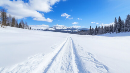 Obraz premium Fresh tire tracks in a snowy field leading towards a forested mountain under a bright blue sky