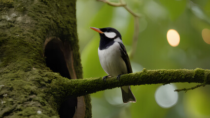 A bird perched atop a tree trunk, showcasing its vibrant feathers against a natural backdrop