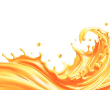 Illustration 3d vector realistic Oil splash set. Yellow river flow. Fuel drops. Gold liquid crown. Macro drip cream. Fruit juice, orange juice .Realistic Mesh gradient is used