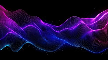 Obraz premium Abstract wavy pattern of purple and blue glowing light on a black background.