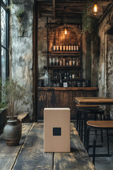 A minimalist package sits on a rustic wooden table in a cozy caf&eacute; with a vintage aesthetic