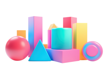 Colorful abstract geometric shapes arranged in a playful composition, featuring spheres, pyramids, and cylinders in bright hues.