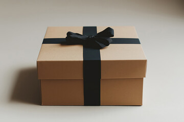 Obraz premium Beautifully wrapped gift box with black ribbon on a minimalistic background