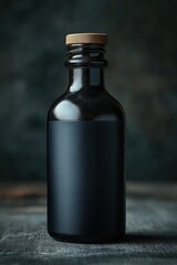 Elegant black glass bottle with wooden cork on a rustic wooden table in soft lighting