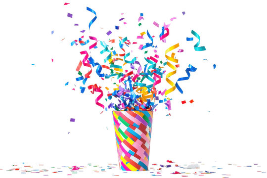 Vibrant confetti bursts from a colorful cup, celebrating festive occasions with a splash of joy and excitement. Perfect for party themes.
