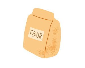 Flour bag. Closed paper bag filled with flour for prepare your favorite dishes and pastries. Packaging with product name. Flat Vector isolated on white. Product Displays, Marketing, Design Projects.
