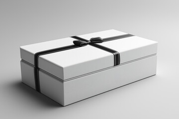 Naklejka premium Elegant white gift box with black ribbon on a neutral background for special occasions