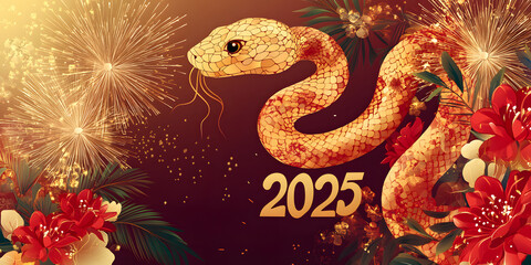 Fototapeta premium Gorgeous and luxurious Chinese Year of the Snake hand-painted artwork, illustration, wallpaper, commercial poster, poster, background, Chinese New Year, snake, year of the snake, 2025, zodiac，gold
