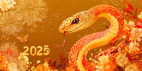 Obraz premium Gorgeous and luxurious Chinese Year of the Snake hand-painted artwork, illustration, wallpaper, commercial poster, poster, background, Chinese New Year, snake, year of the snake, 2025, zodiac，gold