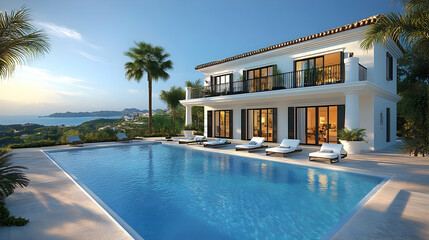Fototapeta premium Luxury Villa with Swimming Pool and Ocean View 3D Illustration