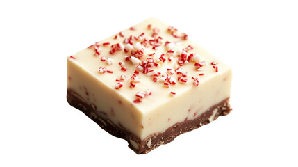 Square piece of layered fudge topped with crushed peppermint bits, mix of creamy, chocolate textures, isolated on transparent background