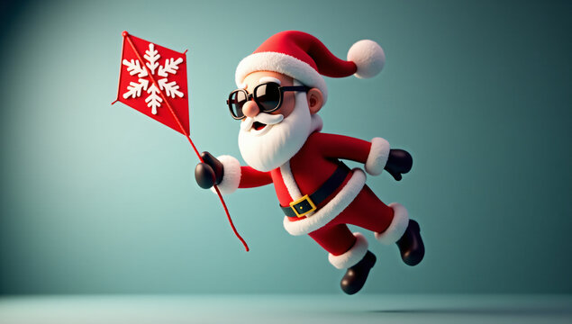 Santa Claus, wearing sunglasses, playfully flies through the air holding a red kite with a snowflake design, embodying holiday fun and a whimsical spirit.