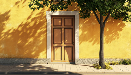 Fototapeta premium The front door of a European house on the street, on a sunny day, with a tree on the side and a yellow wall.