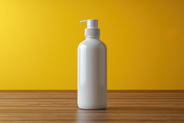 White pump bottle on a wooden surface against a bright yellow background in a minimalist setting