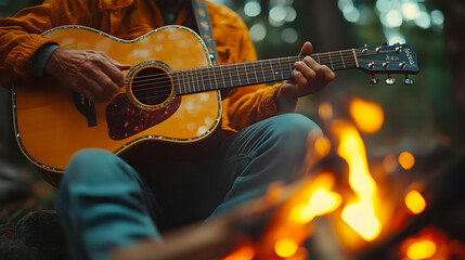 Fototapeta premium Playing Acoustic Guitar by a Campfire - Photo