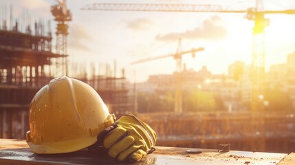 Construction Site Sunset with Yellow Hard Hat and Gloves