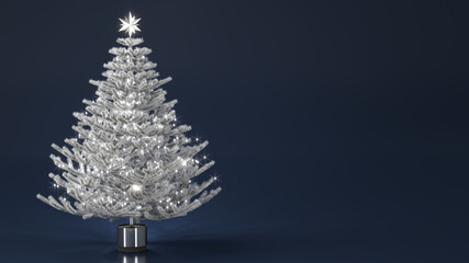 Silver white artificial christmas tree with shining garland. Blank Christmas banner. 3d illustration on blue background