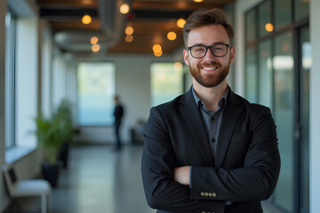 Fototapeta premium portrait of successful businessman consultant looking at camera and smiling inside modern office building