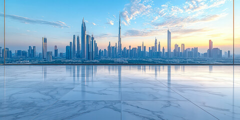 Fototapeta premium Modern City Skyline Viewed from Empty Marble Floor under Clear Blue Sky