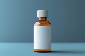 Obraz premium Clear glass bottle with blank label on a blue backdrop for product design or branding purposes
