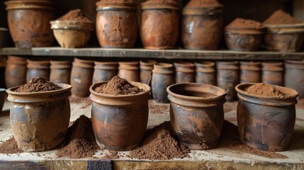 Naklejka premium Rustic Bowls with Cocoa Powder and Mixing Ingredients