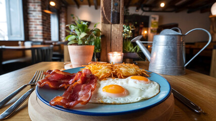 A classic breakfast with crispy bacon and sunny-side-up eggs on a white plate, set against a warm restaurant background, ideal for food photography and breakfast-themed visuals. 