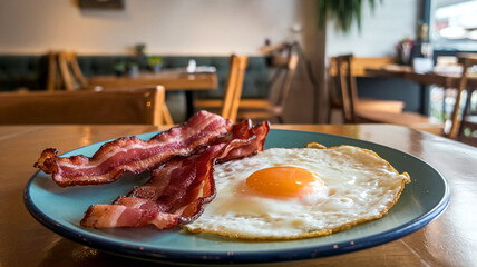 A classic breakfast with crispy bacon and sunny-side-up eggs on a white plate, set against a warm restaurant background, ideal for food photography and breakfast-themed visuals. 