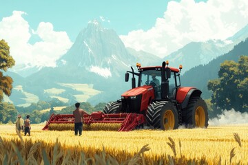 Naklejka premium Harvesting in a Picturesque Mountain Landscape