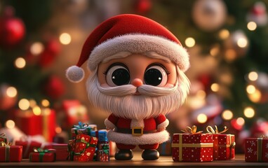 A cute 3D Christmas Santa in a cartoon style, featuring big eyes, a large head, and surrounded by gifts on a table. 