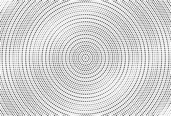 Grunge halftone radial effect background. White and black spin radial dotted wallpaper. Retro pixelated backdrop. Anime or manga style comic overlay. Vector graphic design textured template