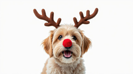 Obraz premium Adorable Dog Wearing Reindeer Antlers for Christmas - Festive Holiday Pet Portrait on White Background