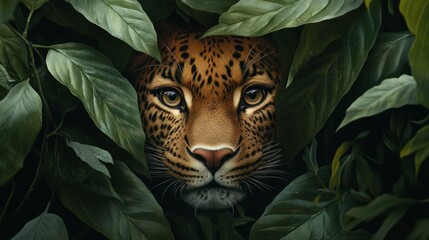 A close up of a leopard's face is shown through the leaves of a tree