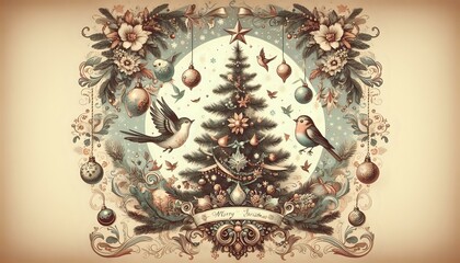 Nostalgic Christmas Scene with Decorated Tree and Birds
