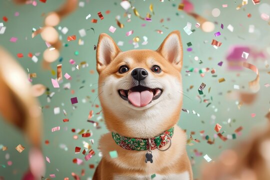 Pet streamers and confetti for a New Year celebration concept. A joyful Shiba Inu surrounded by colorful confetti, exuding happiness and playfulness against a vibrant teal background