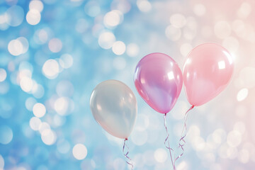 Three pastel-colored balloons, in shades of pink and white, float with curled ribbons against a dreamy, soft-focus bokeh background. Celebratory atmosphere.