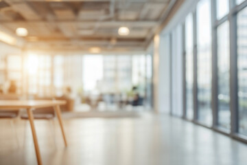 Blurred contemporary office interior filled with warm natural light, featuring large windows and an open layout. The spacious environment promotes a comfortable and productive workspace.