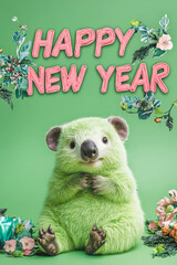 Fototapeta premium Happy New year Cards: Cute Neon Background Baby Wombat Illustrations