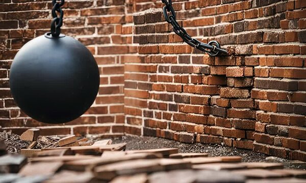 Wrecking ball breaking a wall.