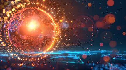 Obraz premium Futuristic glowing sphere rotating above circuit board emitting light particles in a dark environment, representing advanced technology and innovation