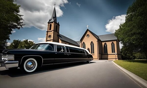 Hearse next to a church.