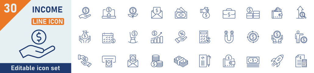 Income line icon set. Set of 30 outline icons related to passive income, paycheck, accounting, payment, pension, tax, bonus and others. Editable stroke. Vector illustration.